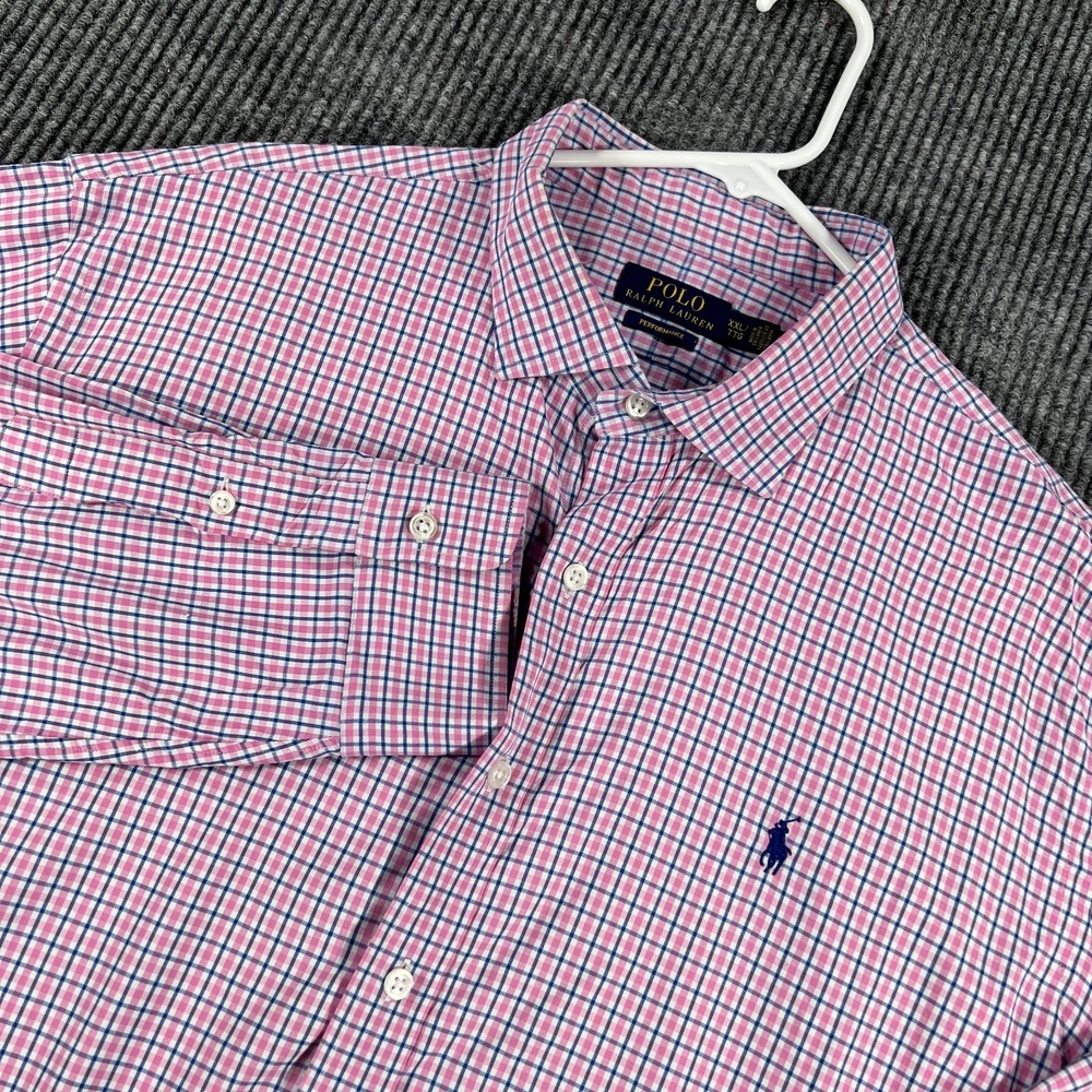 Polo Ralph Lauren Shirt Mens 2XL XXL Pink Blue Check Long Sleeve Performance